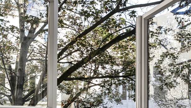 A view through a window with a tree in the foreground and a building with multiple windows and balconies in the background. - Aparthotel Wenceslas (Prague)