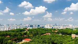 Paisagem urbana com uma combinação de edifícios altos e áreas verdes.