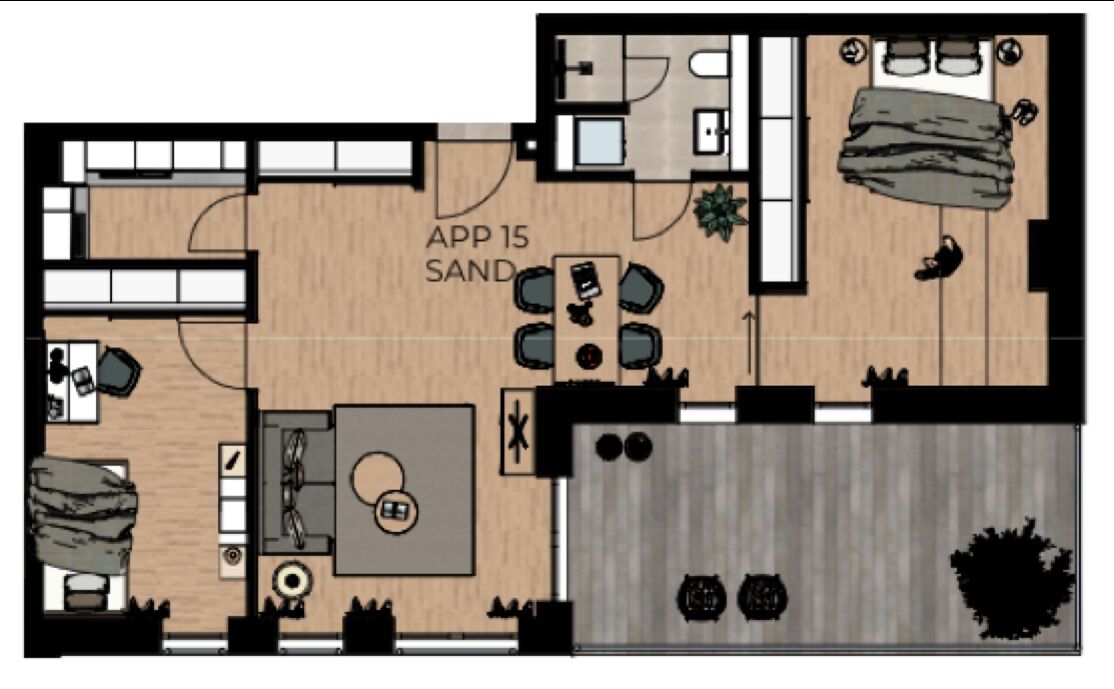 A floor plan of a hotel room with a bed, a desk, a chair, a small table, a sofa, and a bathroom.