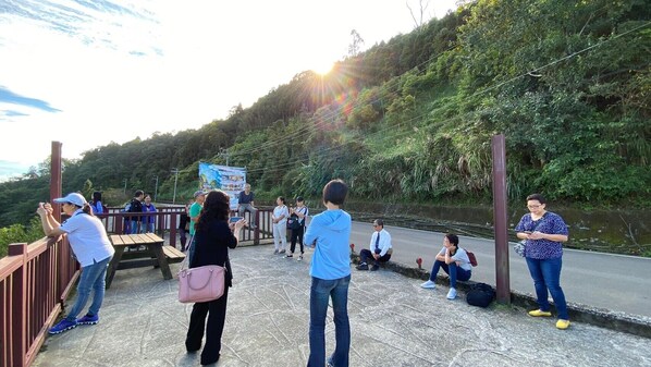 Un grupo de personas en un puente con una vista panorámica de una ladera boscosa.