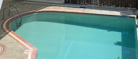 A swimming pool with a tiled deck and a potted plant.