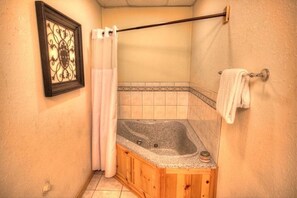 Combined shower/tub, hair dryer, towels, soap