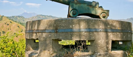 Una estructura de concreto con un cañón en la parte superior, rodeada de vegetación y colinas al fondo.