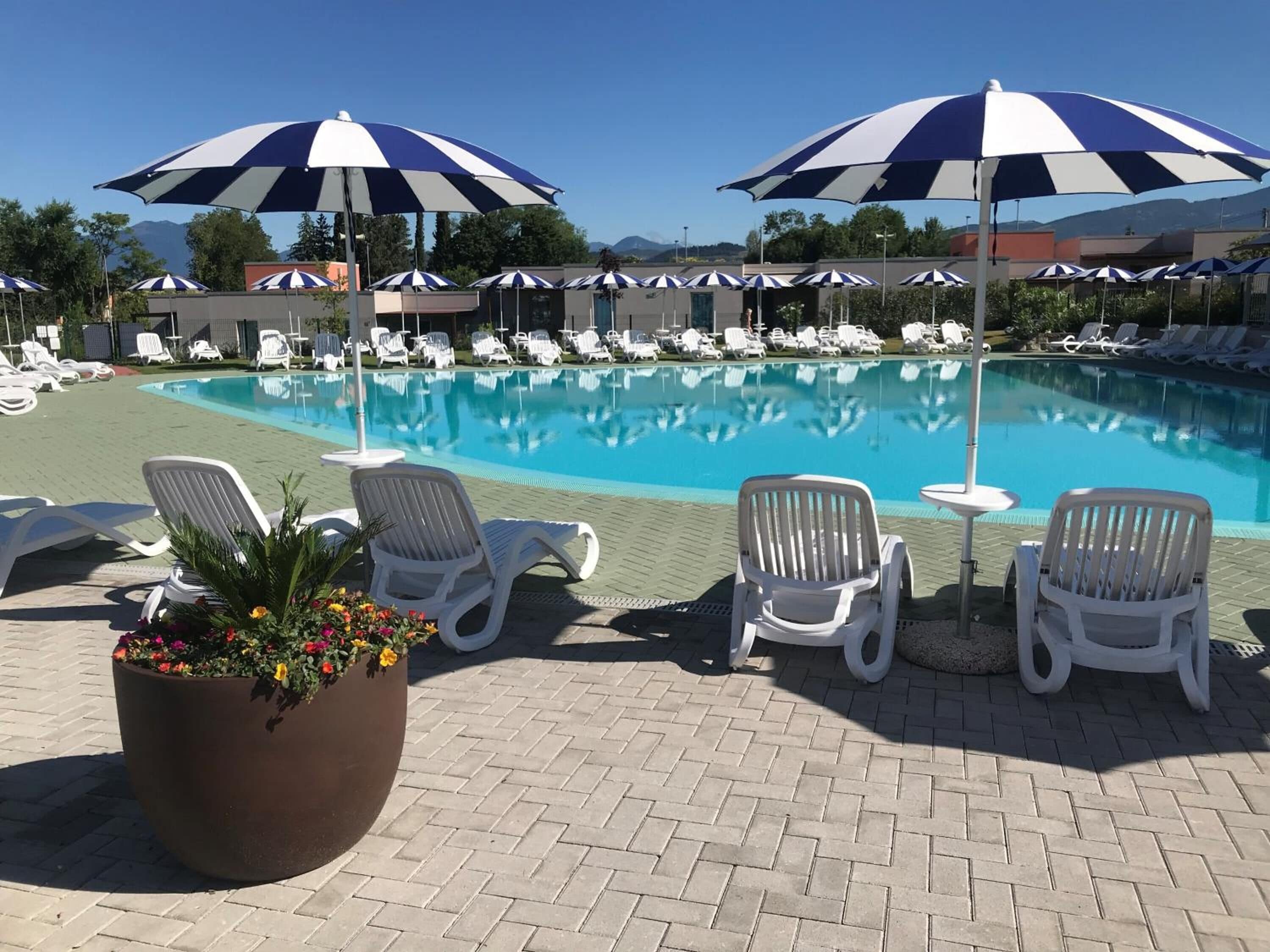 Ein Poolbereich mit Liegestühlen, Sonnenschirmen und einem Blumenbeet.