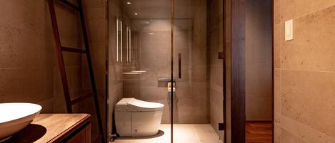 A modern bathroom with a glass-enclosed shower, a toilet, and a vanity with a bowl sink.