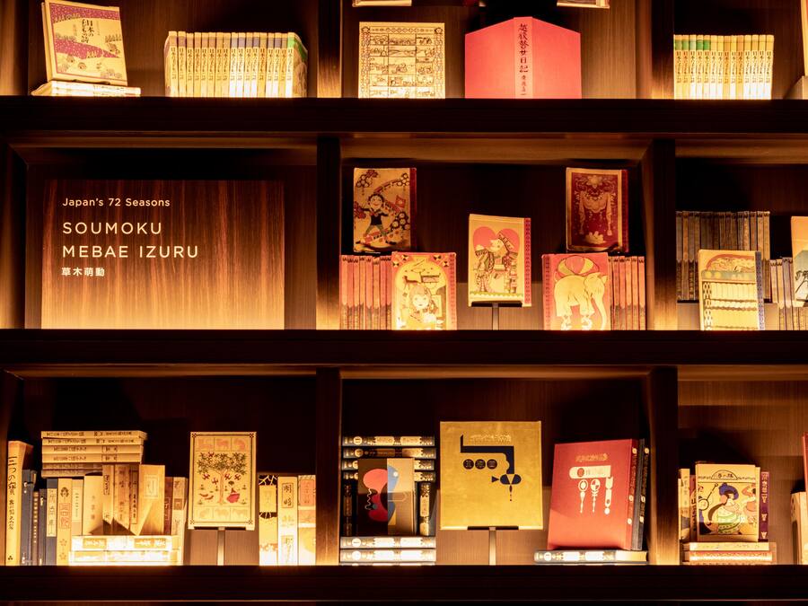 Een boekenplank met verschillende boeken en decoratieve objecten.