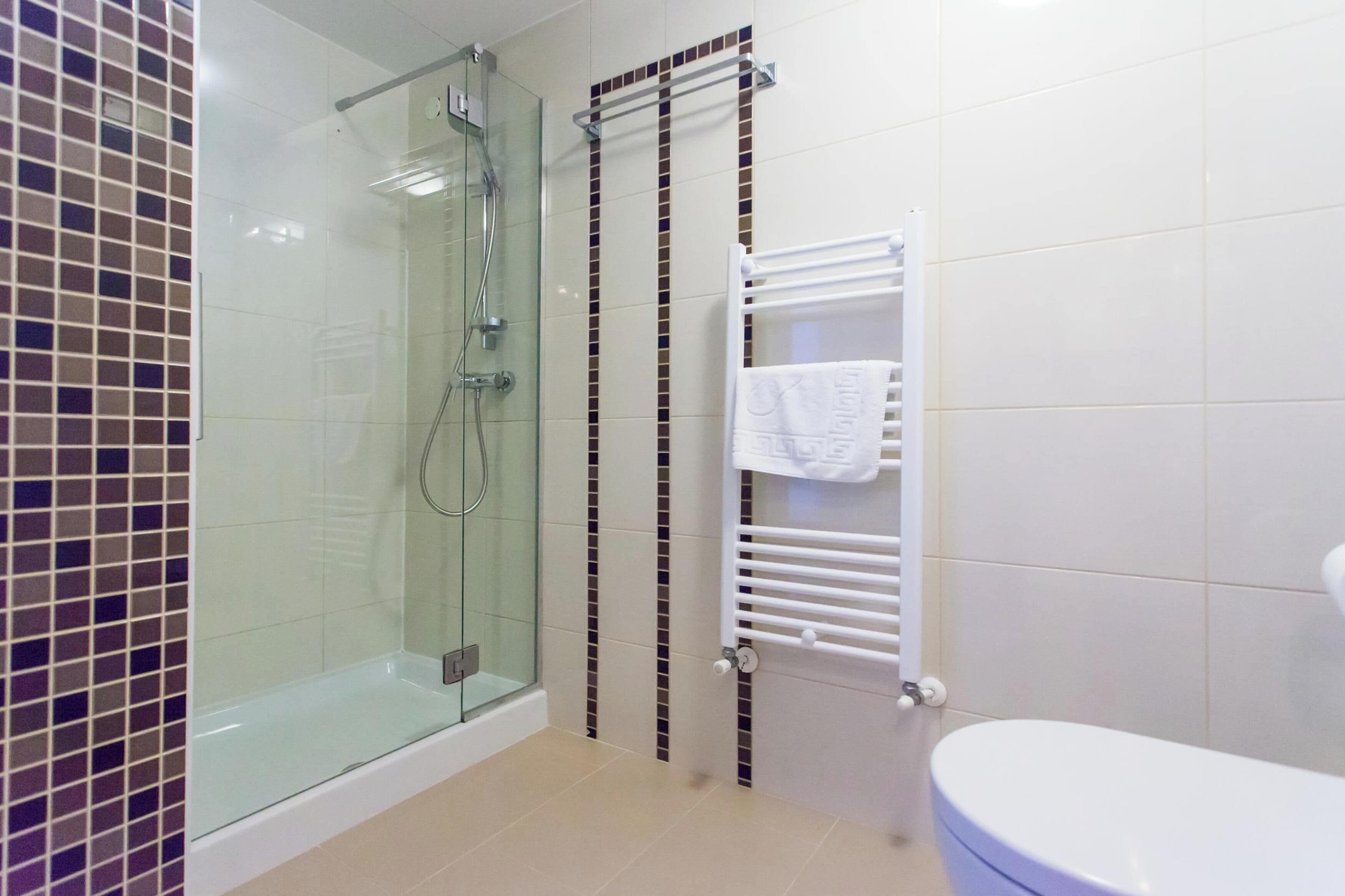 A bathroom with a glass-enclosed shower, a white toilet, and a towel rack.
