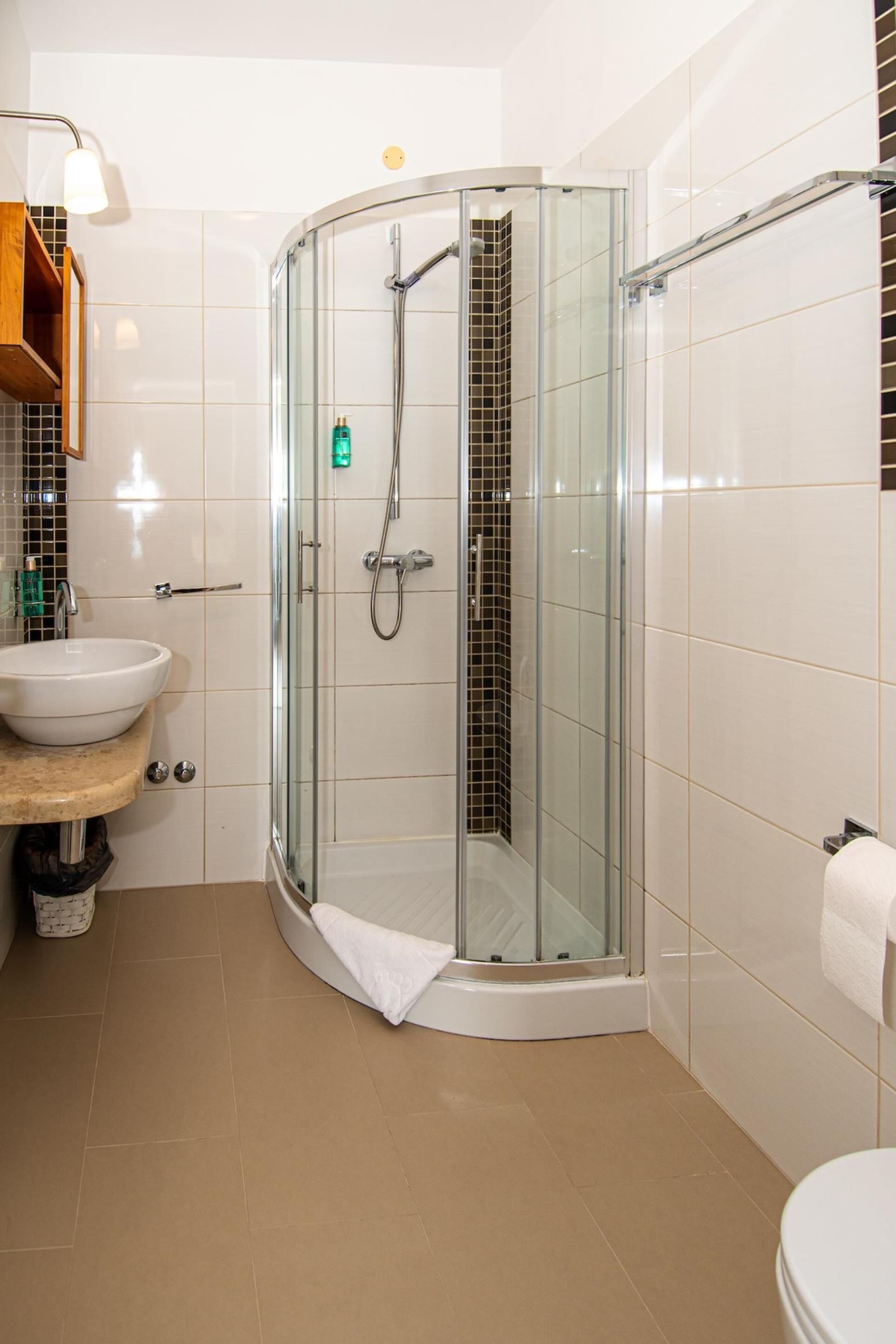 Une salle de bain moderne avec une douche à parois de verre, un lavabo blanc et des toilettes.