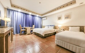 Premium bedding, desk, blackout curtains, soundproofing
