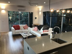 TV, fireplace, books, stereo