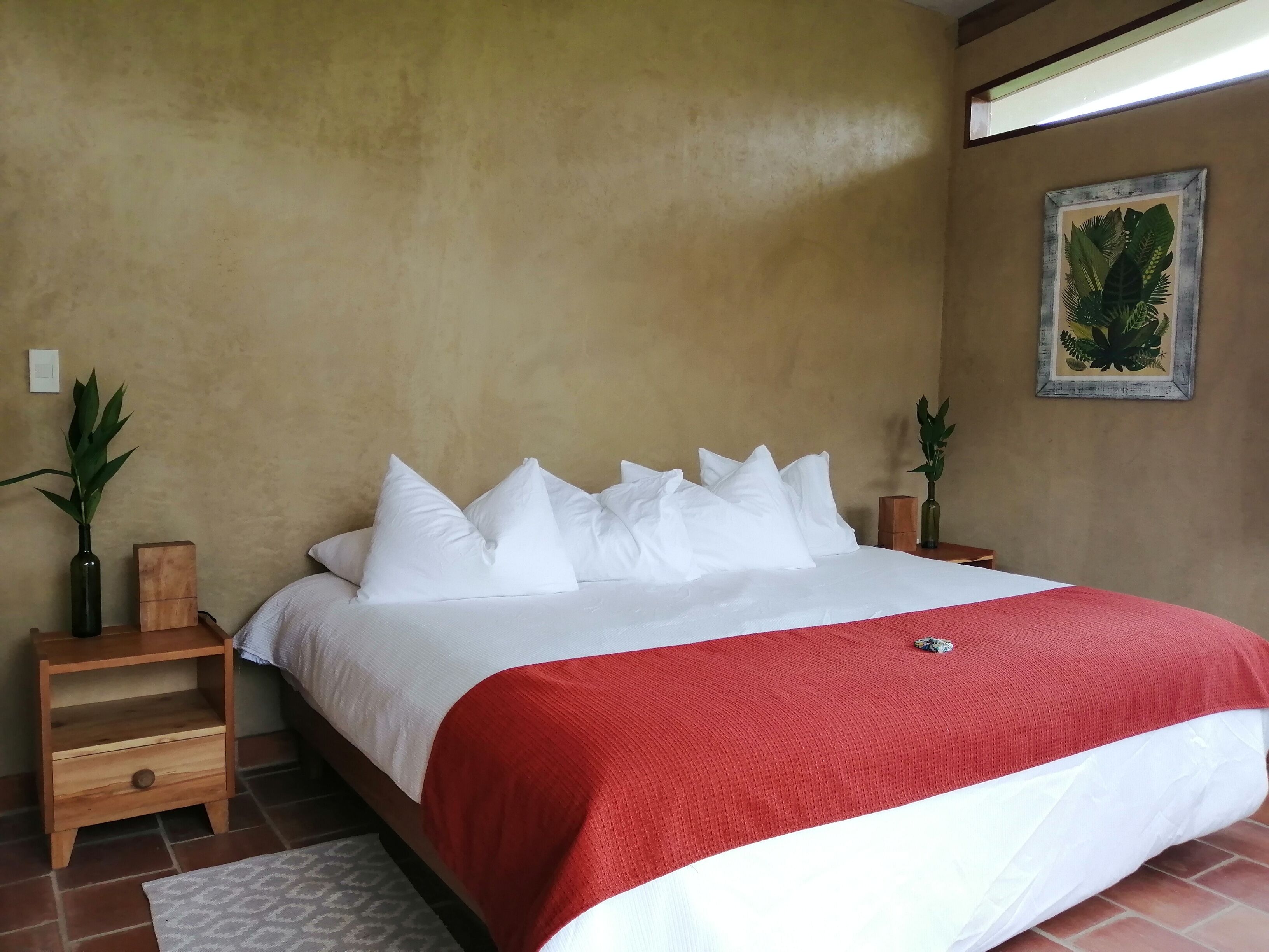 A neatly made bed with white pillows and a red blanket, a wooden nightstand with a vase, and a wall-mounted plant.