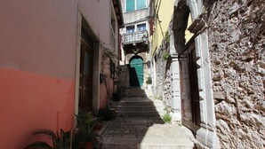 A narrow stone staircase leading to a green door, flanked by buildings with balconies and potted plants. - Studio Isabel (Rovinj)