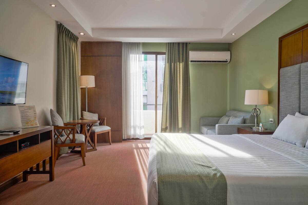 Een hotelkamer met een bed, een bureau met stoel, een bank en een televisie.