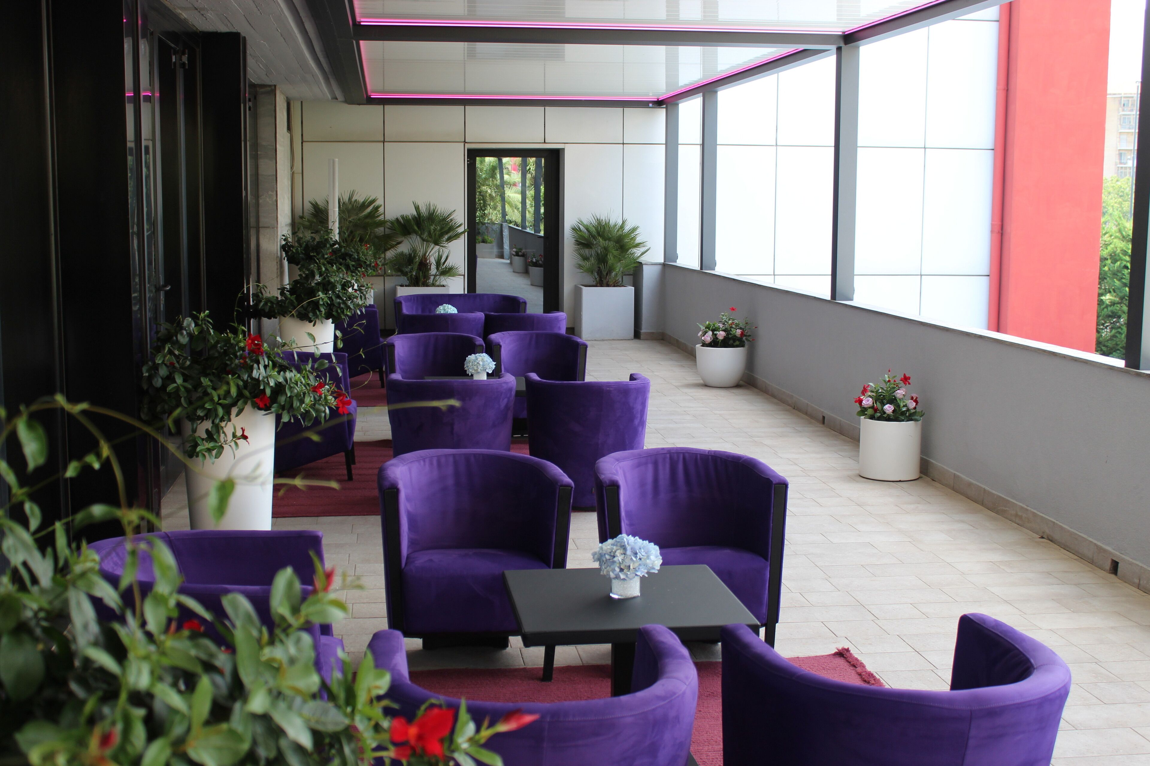 A modern indoor seating area with purple chairs and tables, potted plants, and a view of a building through large windows.