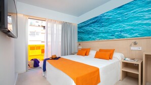 A hotel room with a bed, a nightstand, a wall-mounted TV, and a large window with curtains. - Mix Smart (Llucmajor)