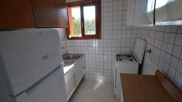 Fridge, microwave, stovetop, cookware/dishes/utensils
