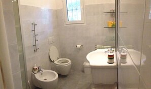 A bathroom with a toilet, bidet, sink, and glass shower enclosure.