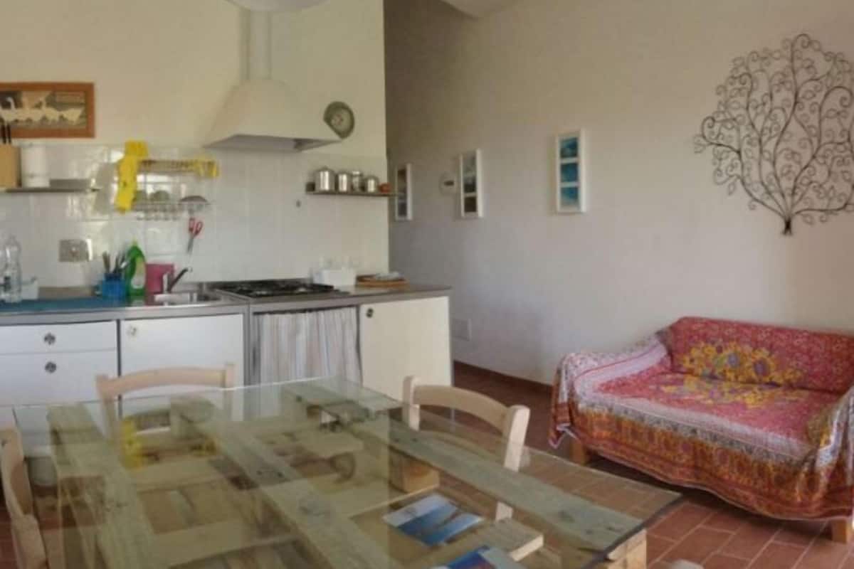 A compact living space with a dining table, chairs, a sofa, and a kitchen area.