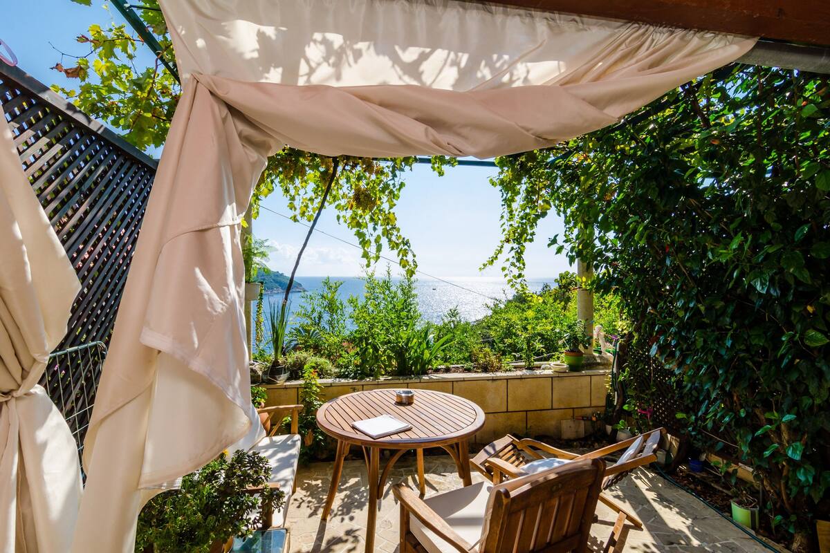 A patio with a round wooden table and chairs, surrounded by potted plants and a view of the sea.