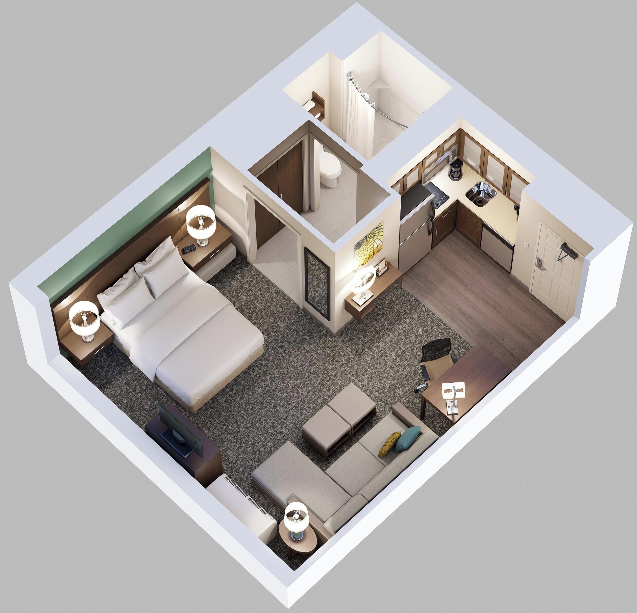 Planta 3D de um quarto de hotel com cama, área de estar, cozinha compacta e banheiro.