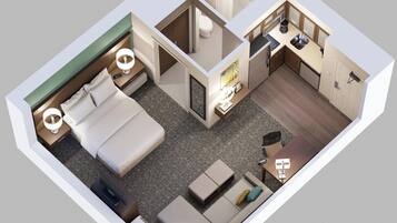 Planta 3D de um quarto de hotel com cama, área de estar, cozinha compacta e banheiro.