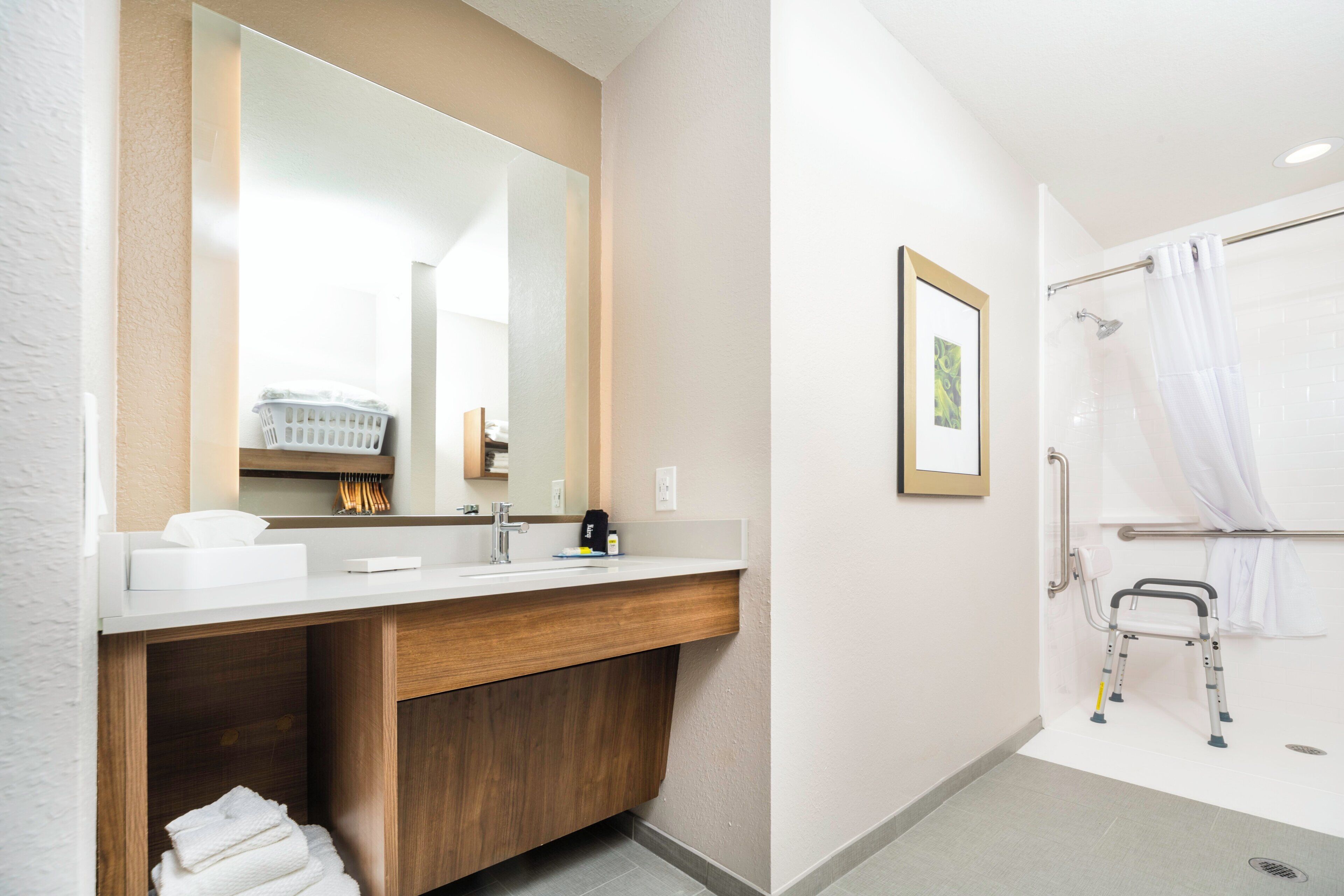 A bathroom with a wooden vanity, a large mirror, a framed picture on the wall, and a shower with a grab bar.
