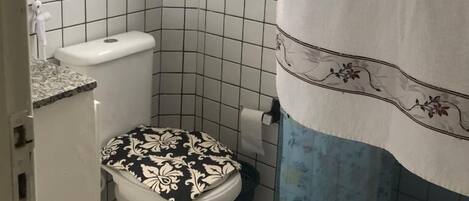 A small bathroom with a toilet, a sink, and a shower area.