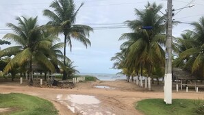 Un camino de tierra que conduce a una playa con palmeras y una construcción de techo de paja.