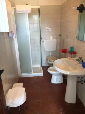 A small bathroom with a toilet, a sink, and a shower.