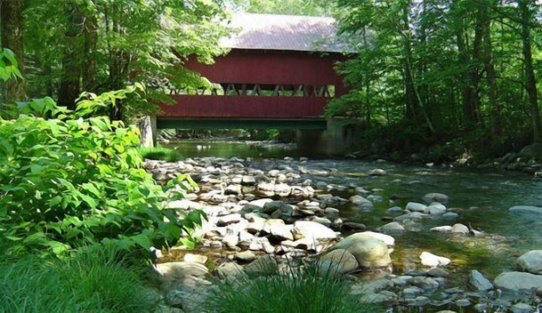 A red covered bridge over a clear stream surrounded by lush greenery.