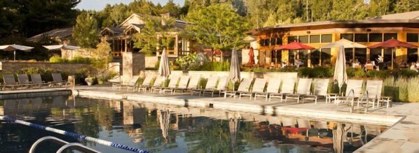 Un espace piscine avec des chaises longues et des parasols, un bâtiment doté d’une terrasse, et un reflet dans l’eau.