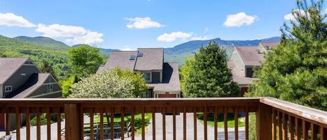 A residential area with houses, a wooden deck, and a mountainous landscape in the background.