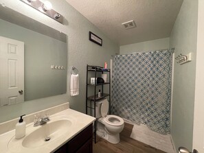 Hair dryer, towels, soap, shampoo