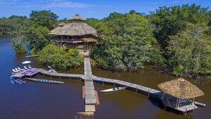 Una estructura con techo de paja y un muelle que se adentra en un cuerpo de agua tranquilo, rodeada de abundante vegetación.