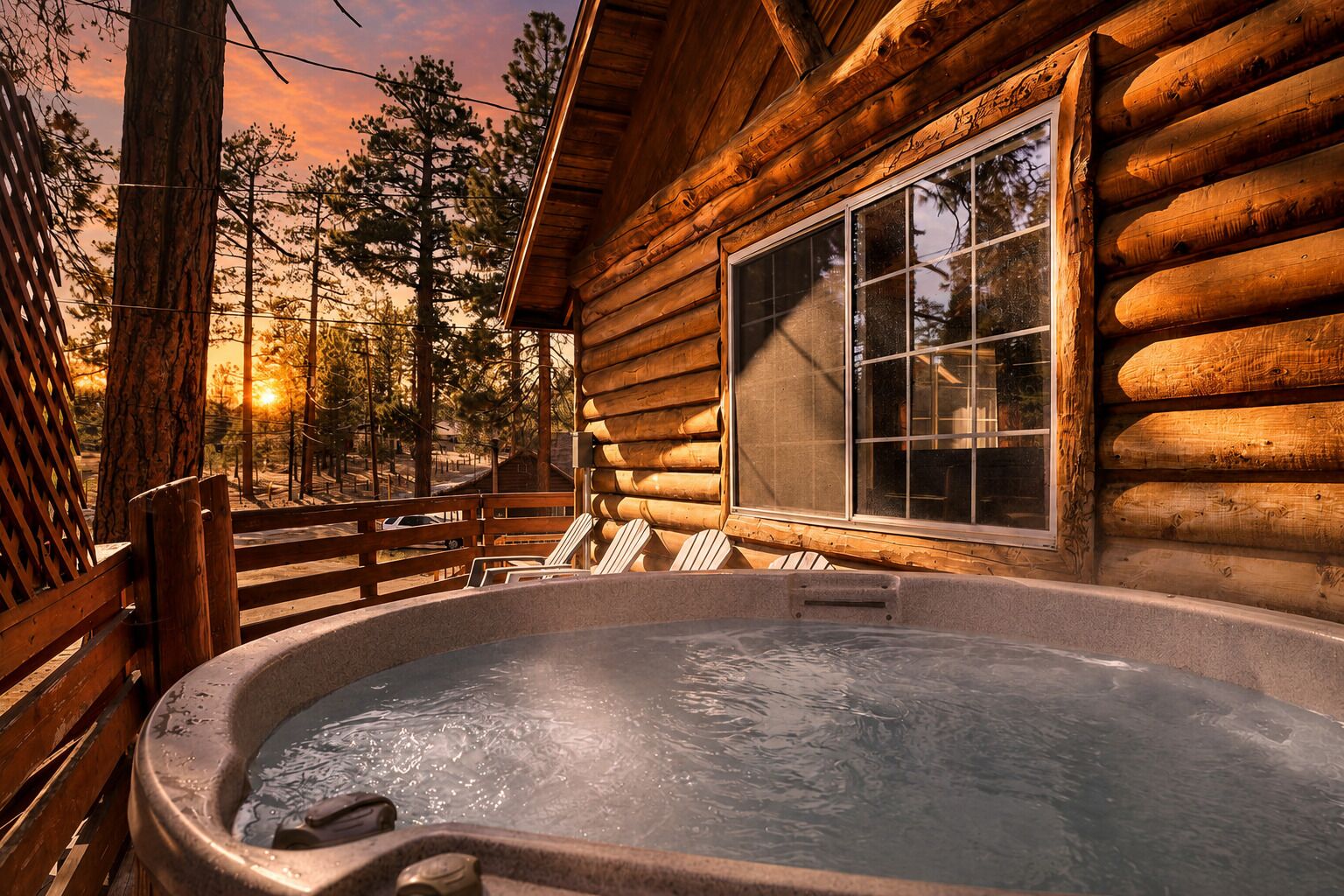 A log cabin with a hot tub, wooden deck, and a large window overlooking a forest.