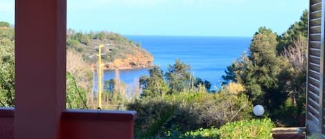 A coastal view from a balcony with a clear sky, a rocky shoreline, and dense greenery.