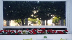 A window with a view of trees and a street. There is a small table with a potted plant on it, and two chairs in front. - Enzo Hotels Contrexéville (Contrexéville)