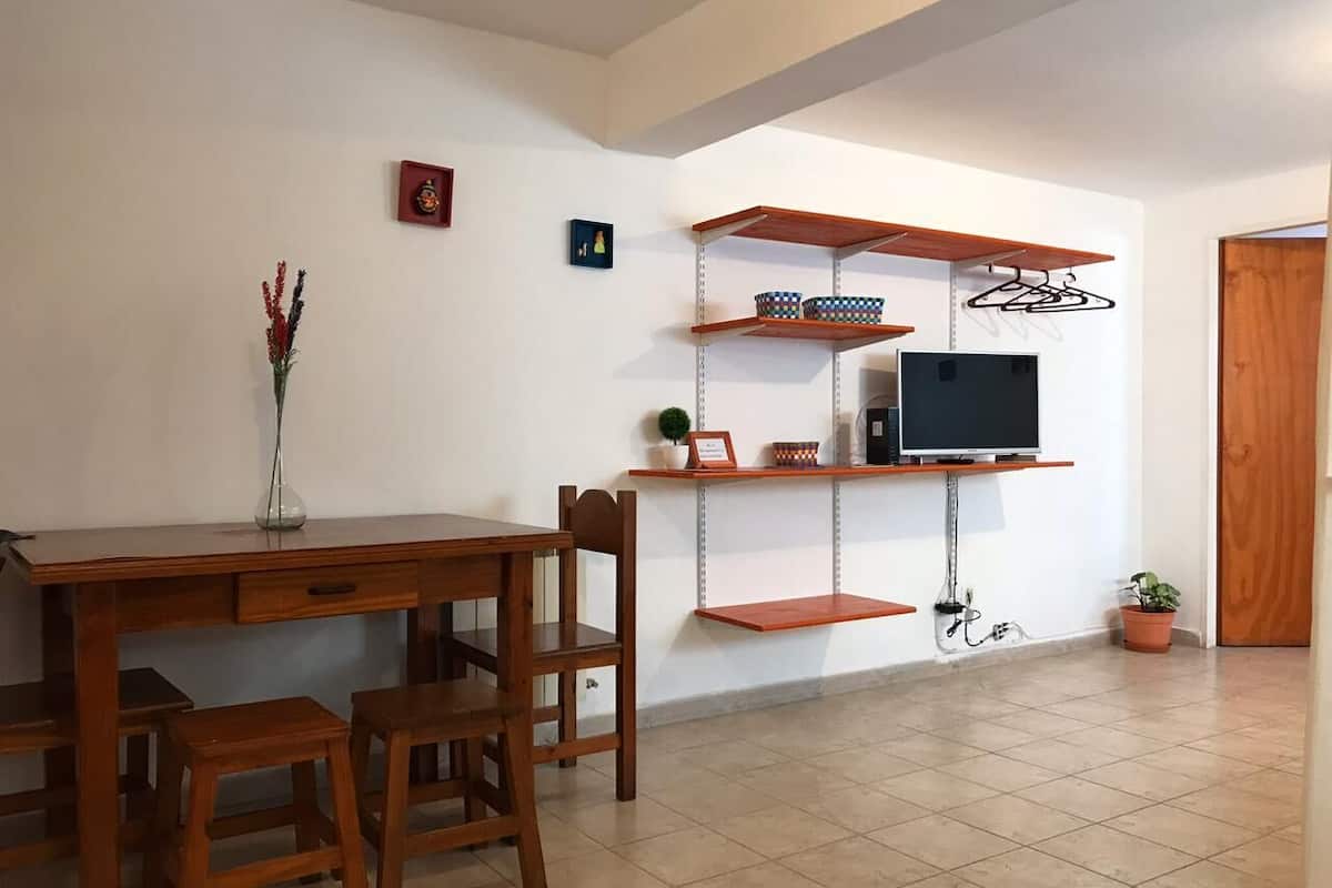 Une pièce avec un bureau en bois, deux chaises, un téléviseur posé sur une étagère et une plante en pot.
