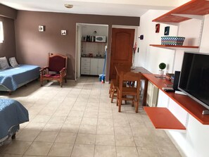 Departamento estándar | Área de sala de estar | Televisión de pantalla plana de 32 pulgadas con canales por cable 