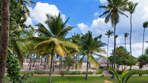 A tropical resort with palm trees, a beach, and a thatched-roof structure. - Iberostar Selection Coral Bávaro - All Inclusive (Punta Cana)