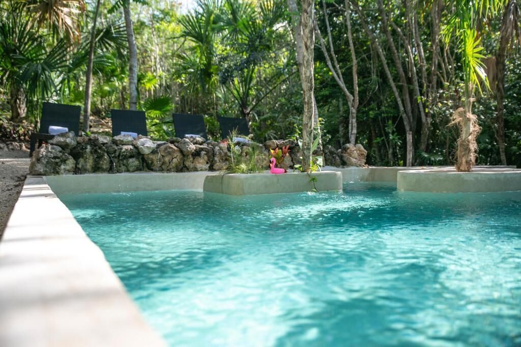 A pool area with clear water, surrounded by rocks and palm trees.
