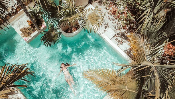A swimming pool surrounded by palm trees and tropical plants. - Hotel Buenavista Bacalar Jungle Experience (Bacalar)