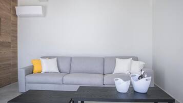 A modern living room with a grey sofa, a dark coffee table, and a white air conditioning unit mounted on the wall.