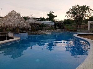 A swimming pool with a thatched-roof structure and a stone wall in the background. - Jardines del Paraiso (Tola)