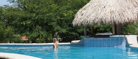 Una piscina al aire libre, camas de piscina gratis