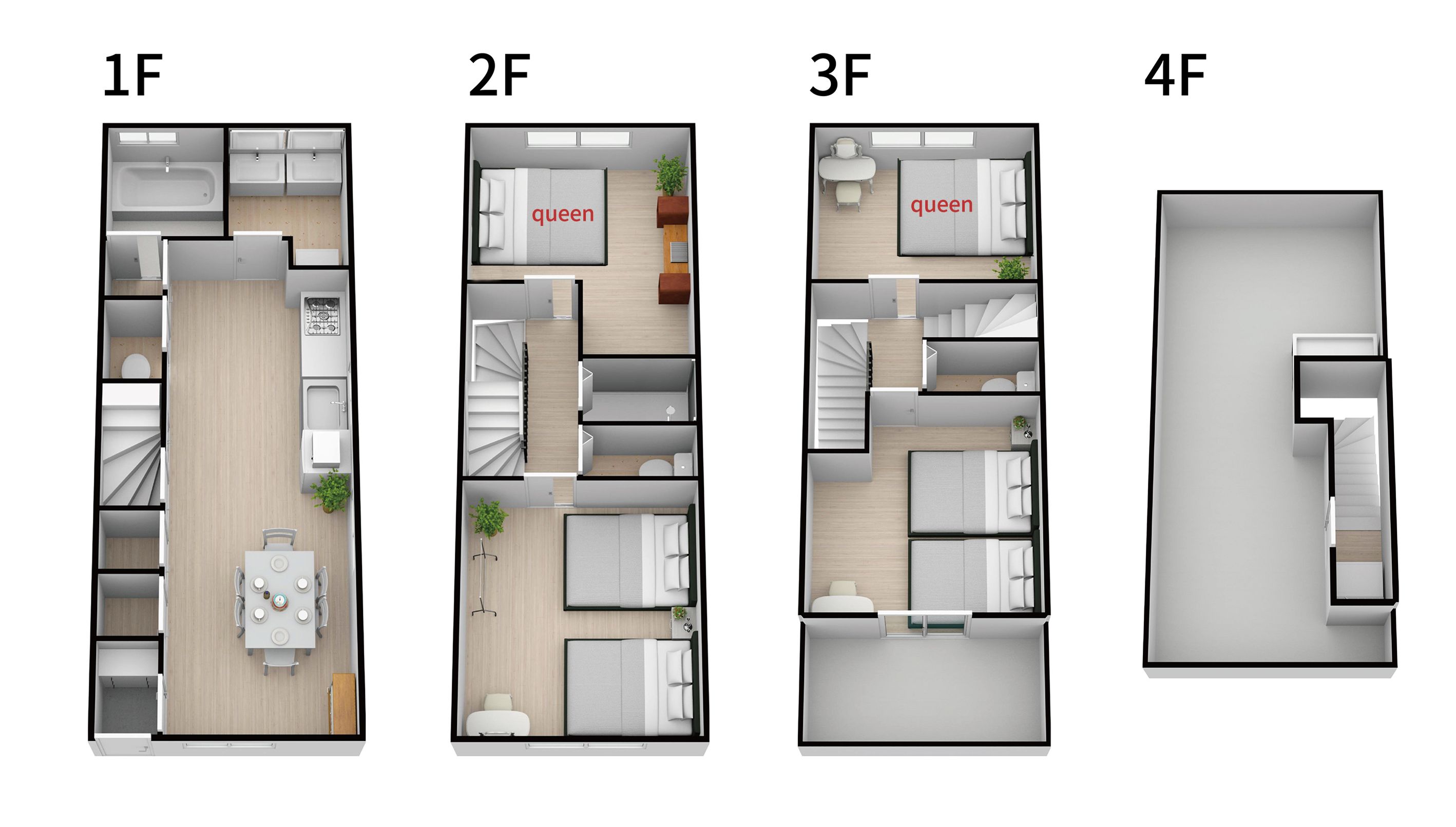 Quatre plans d’aménagement différents pour une chambre d’hôtel, chacun comprenant un lit queen-size, un petit coin salon, une kitchenette et une salle de bain.
