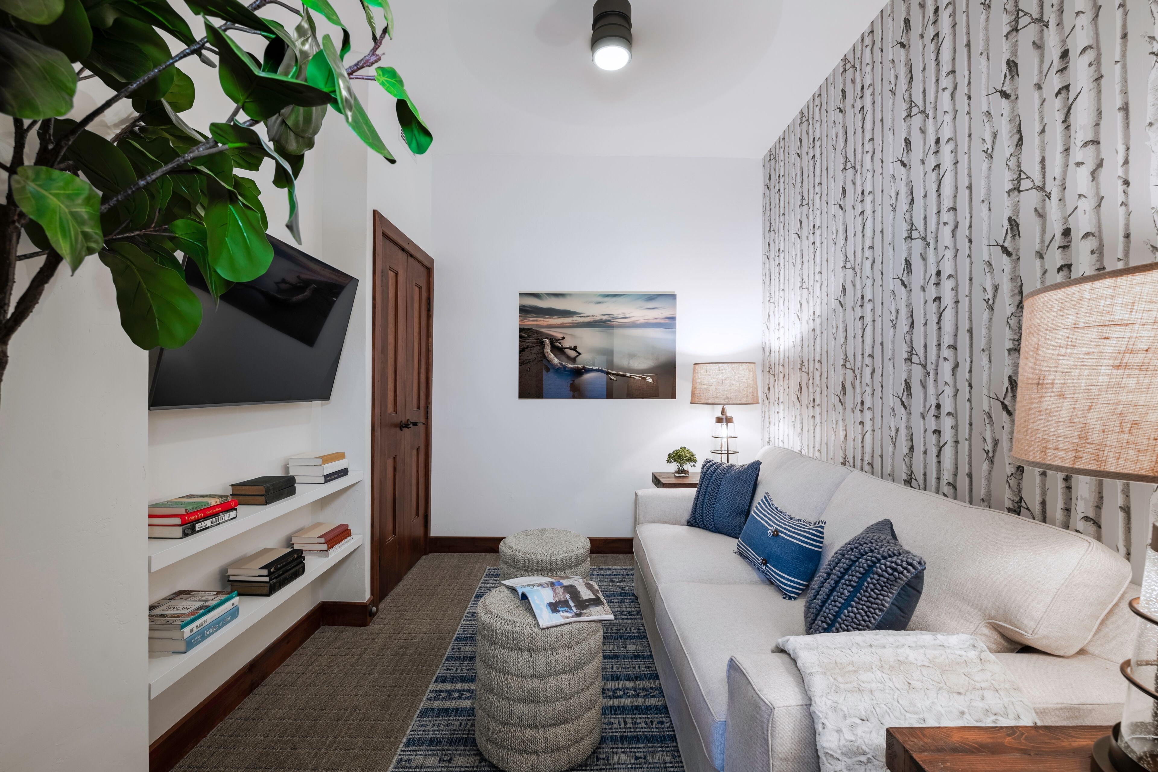 Una sala de estar con un sofá blanco, un televisor, una estantería y una planta.