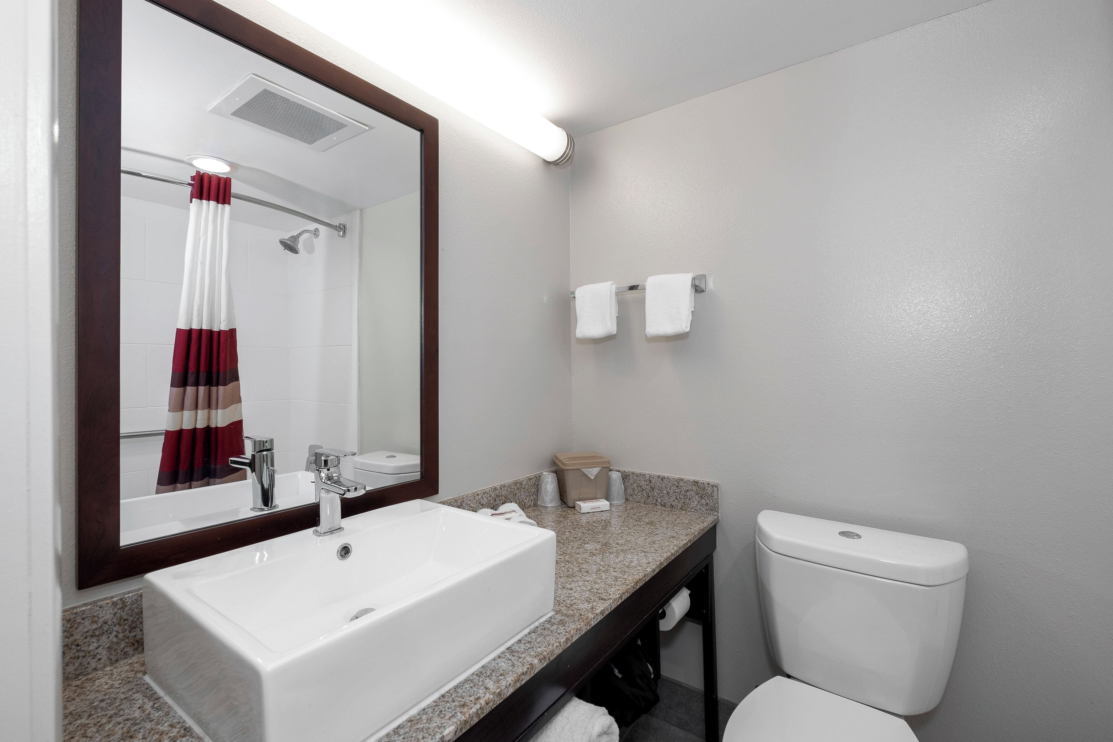 A bathroom with a white sink, a mirror, a shower, and a toilet.