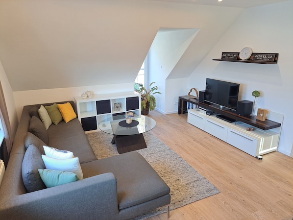 Fernseher, DVD-Player, Bücher, Stereoanlage