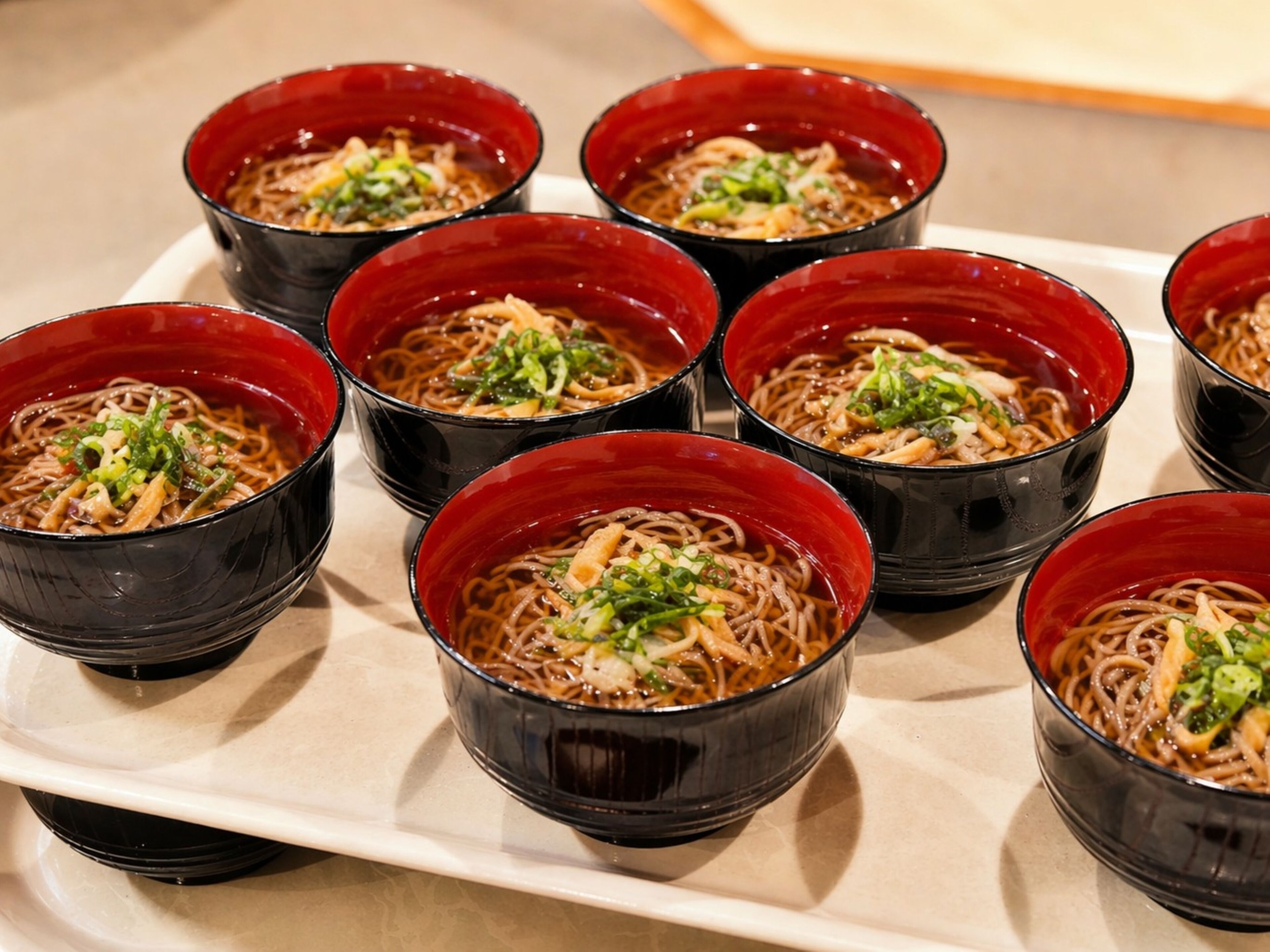 A tray of bowls with noodles and toppings.